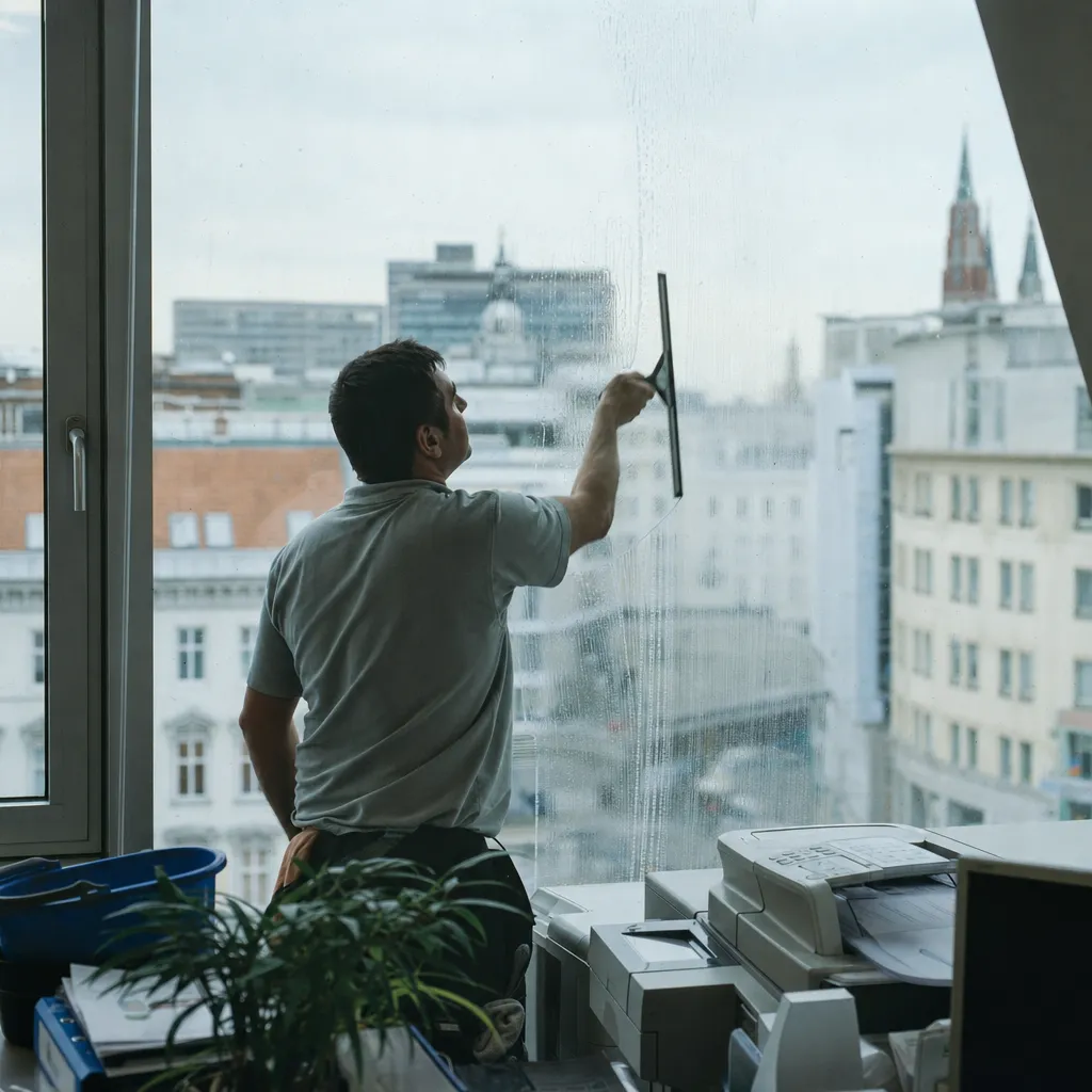 Fensterreinigung mit Blick auf Wiener Häuser und einen Kirchturm